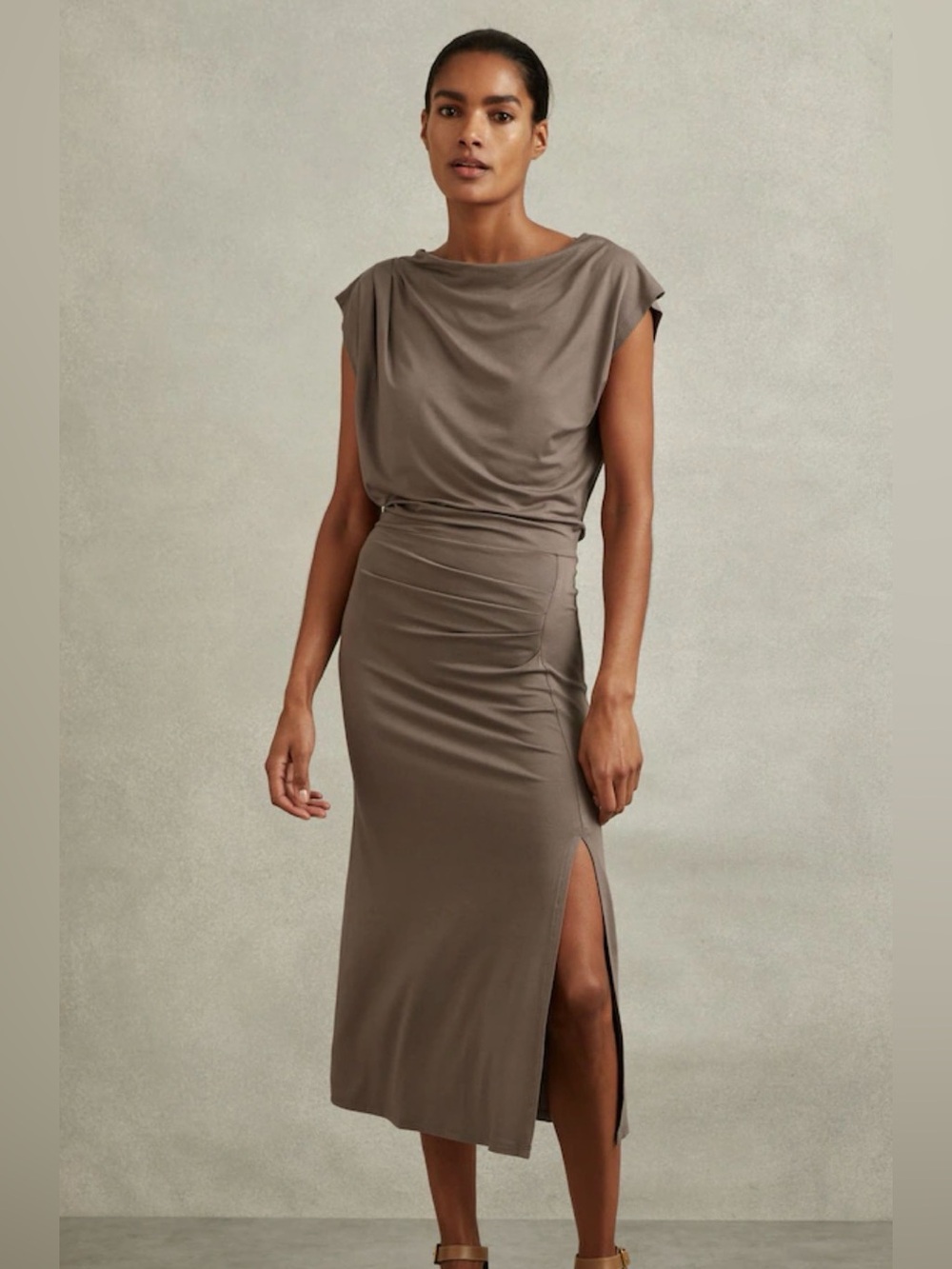 Reiss Leonore Ruched Jersey Midi Dress Mocha Small